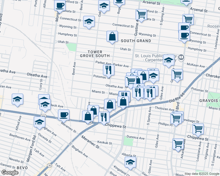 map of restaurants, bars, coffee shops, grocery stores, and more near 3532 Roger Place in St. Louis