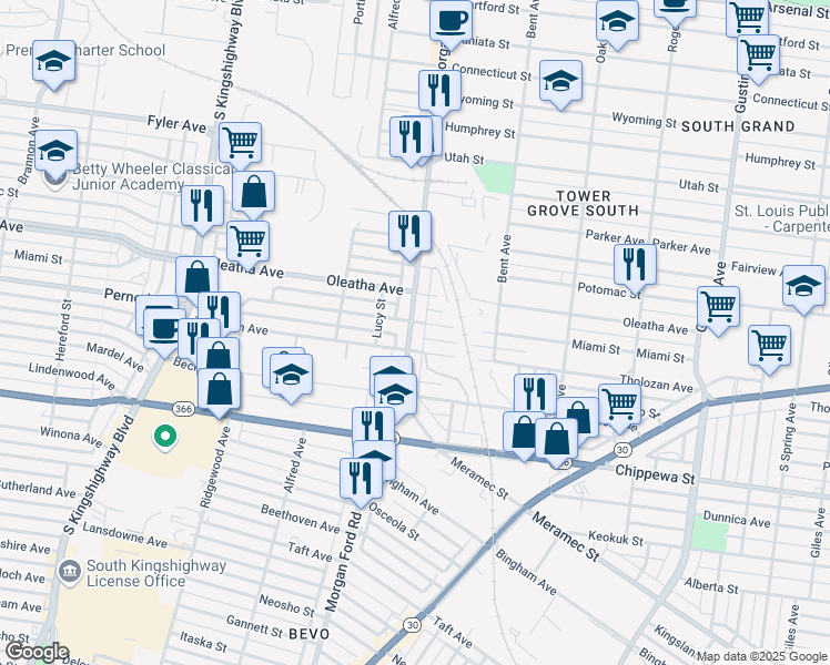 map of restaurants, bars, coffee shops, grocery stores, and more near 3536 Morgan Ford Road in St. Louis