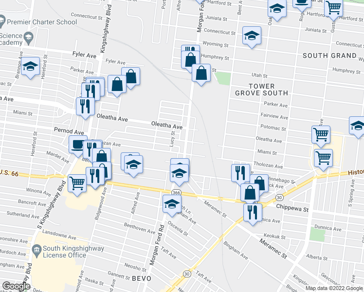 map of restaurants, bars, coffee shops, grocery stores, and more near 3536 Morgan Ford Road in St. Louis