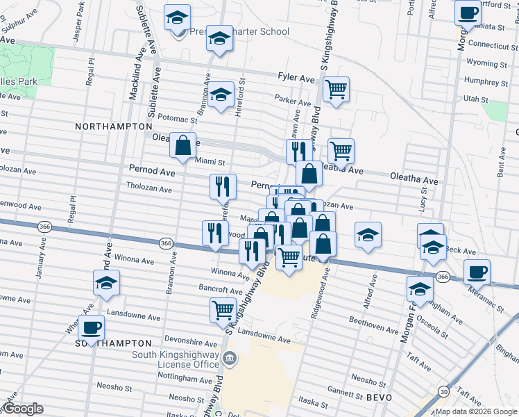 map of restaurants, bars, coffee shops, grocery stores, and more near 4962 Tholozan Avenue in St. Louis