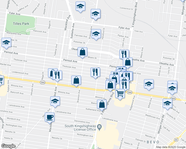 map of restaurants, bars, coffee shops, grocery stores, and more near 5033 Mardel Avenue in St. Louis