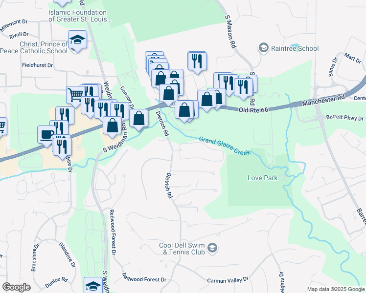 map of restaurants, bars, coffee shops, grocery stores, and more near 13948 Reflection Drive in Ballwin
