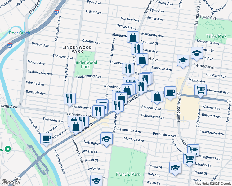 map of restaurants, bars, coffee shops, grocery stores, and more near 6533 Winona Avenue in St. Louis