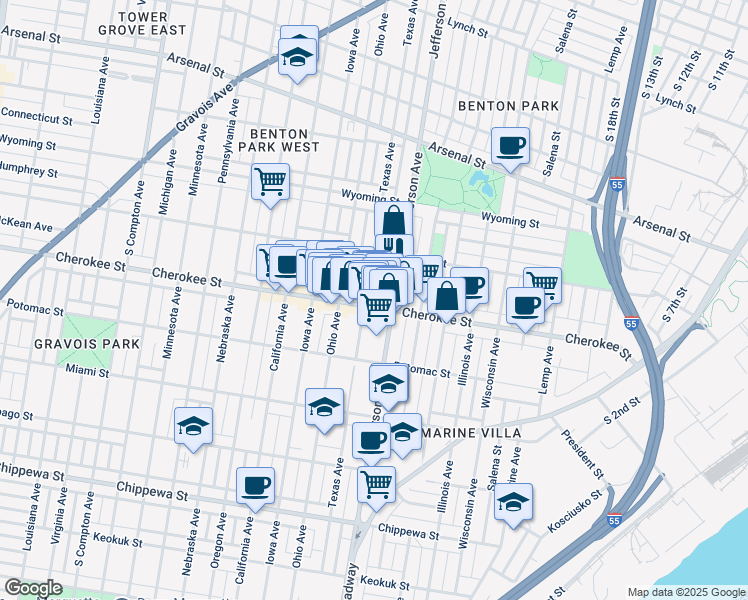 map of restaurants, bars, coffee shops, grocery stores, and more near 2617-2619 Cherokee Street in St. Louis