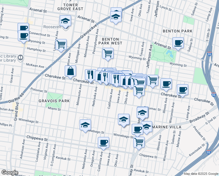 map of restaurants, bars, coffee shops, grocery stores, and more near 3412 Oregon Avenue in St. Louis