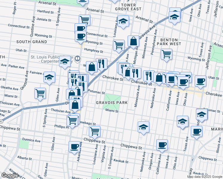 map of restaurants, bars, coffee shops, grocery stores, and more near 3447 Virginia Avenue in St. Louis