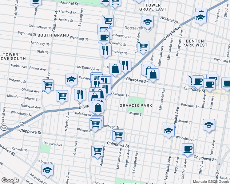 map of restaurants, bars, coffee shops, grocery stores, and more near 3453 Potomac Street in St. Louis