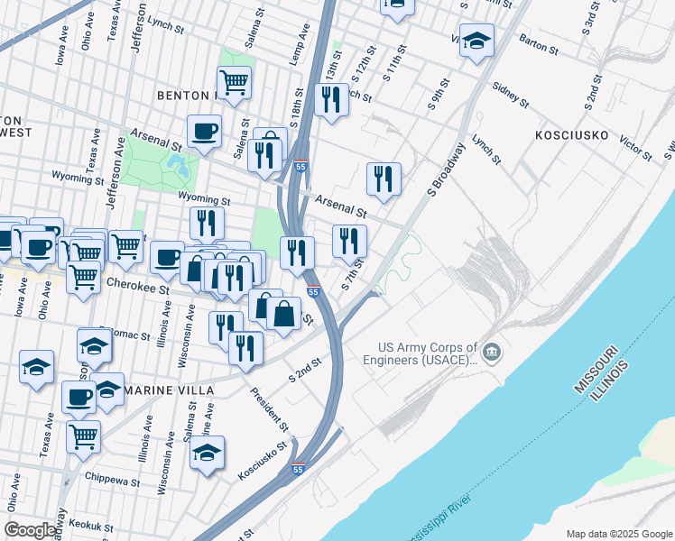 map of restaurants, bars, coffee shops, grocery stores, and more near 3312 South 9th Street in St. Louis