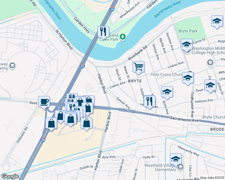 map of restaurants, bars, coffee shops, grocery stores, and more near 703 Sunset Avenue in West Sacramento