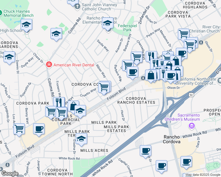 map of restaurants, bars, coffee shops, grocery stores, and more near 2730 Ribier Way in Rancho Cordova