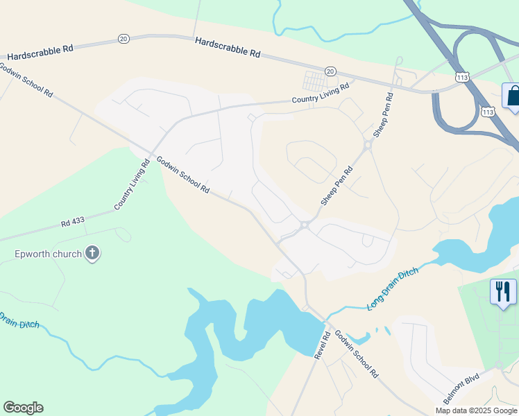 map of restaurants, bars, coffee shops, grocery stores, and more near 36063 Auburn Way in Millsboro