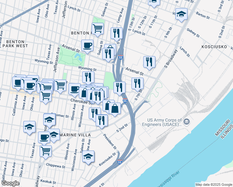 map of restaurants, bars, coffee shops, grocery stores, and more near 3315 Demenil Place in St. Louis
