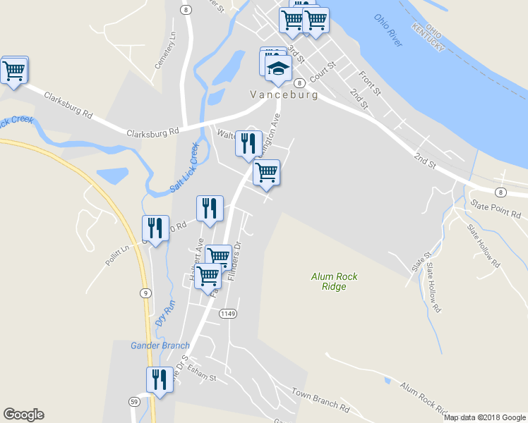map of restaurants, bars, coffee shops, grocery stores, and more near 485 Walter Street in Vanceburg