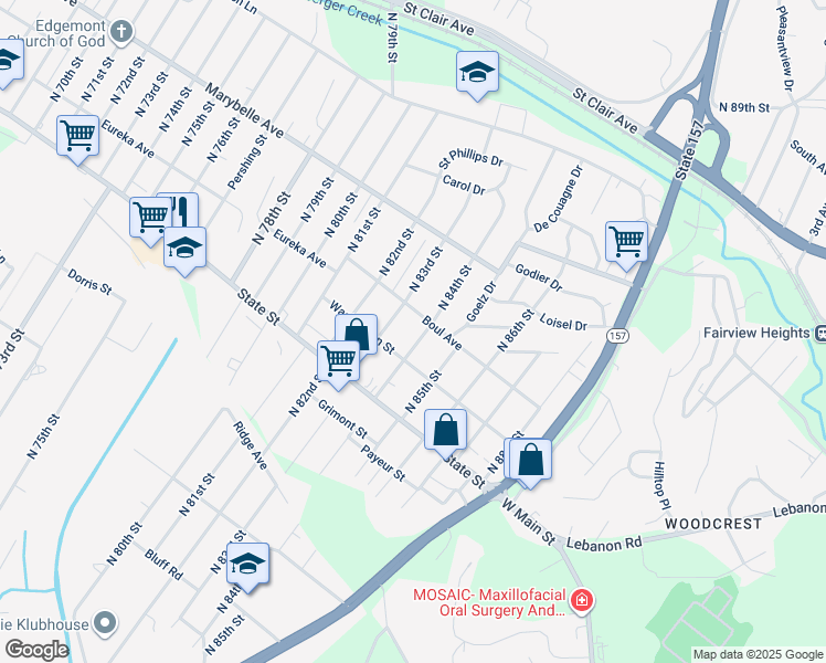 map of restaurants, bars, coffee shops, grocery stores, and more near 728 North 84th Street in East St. Louis