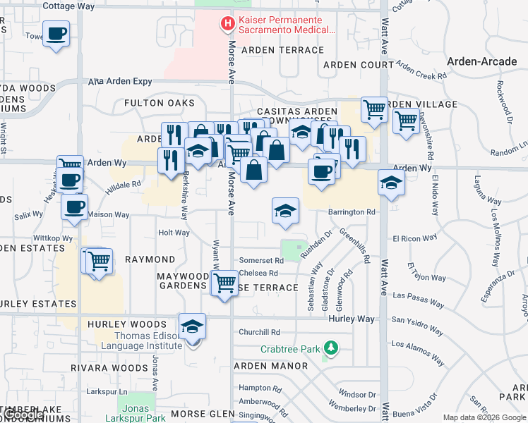 map of restaurants, bars, coffee shops, grocery stores, and more near 3129 Trussel Way in Sacramento