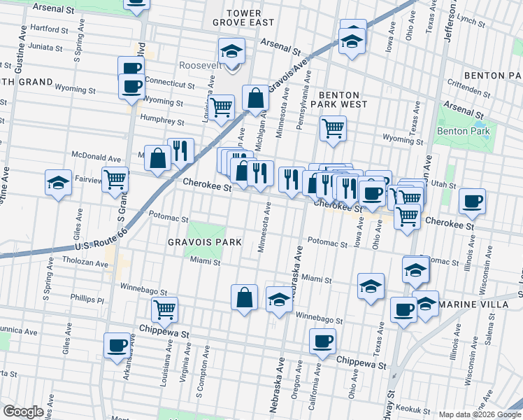 map of restaurants, bars, coffee shops, grocery stores, and more near 3434 Michigan Avenue in St. Louis