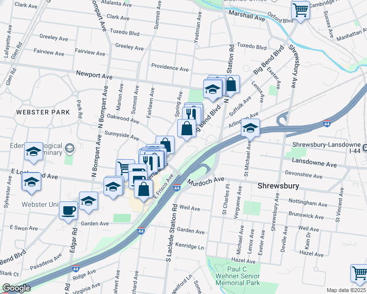 map of restaurants, bars, coffee shops, grocery stores, and more near 7964 Big Bend Boulevard in Webster Groves