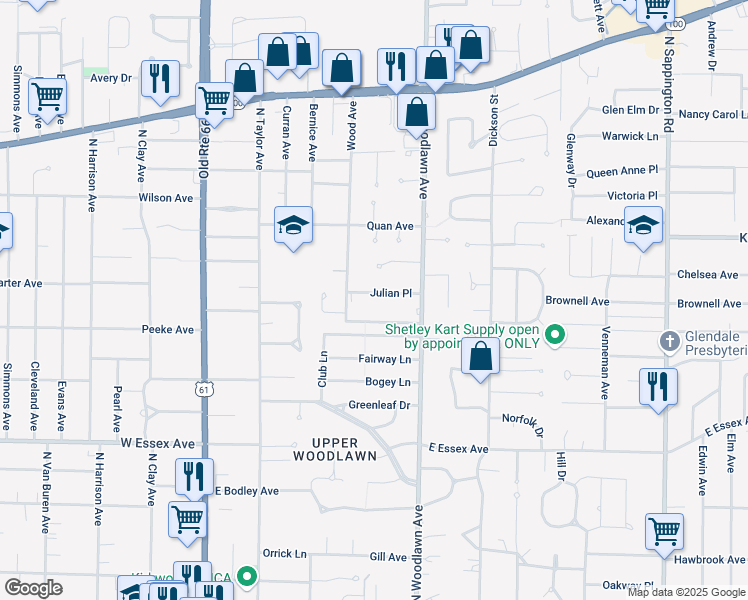 map of restaurants, bars, coffee shops, grocery stores, and more near 424 Julian Place in Kirkwood