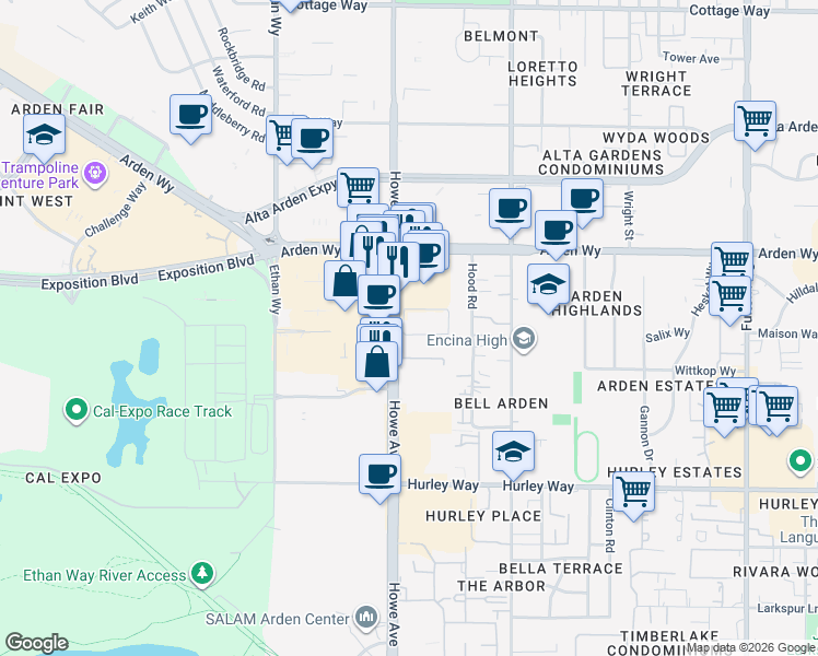 map of restaurants, bars, coffee shops, grocery stores, and more near 1530 Howe Avenue in Sacramento
