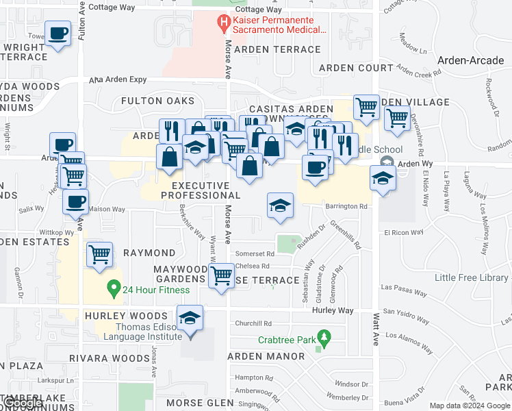 map of restaurants, bars, coffee shops, grocery stores, and more near 3141 Trussel Way in Sacramento