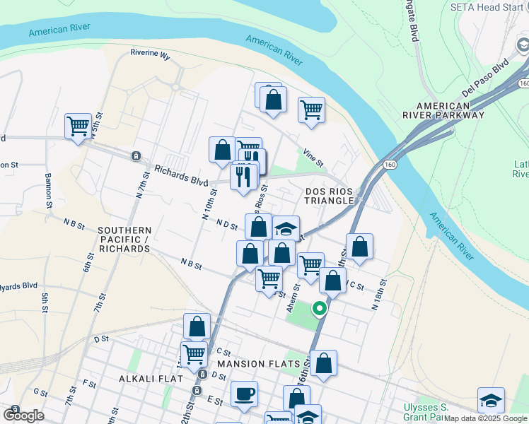 map of restaurants, bars, coffee shops, grocery stores, and more near 382 Mint Street in Sacramento