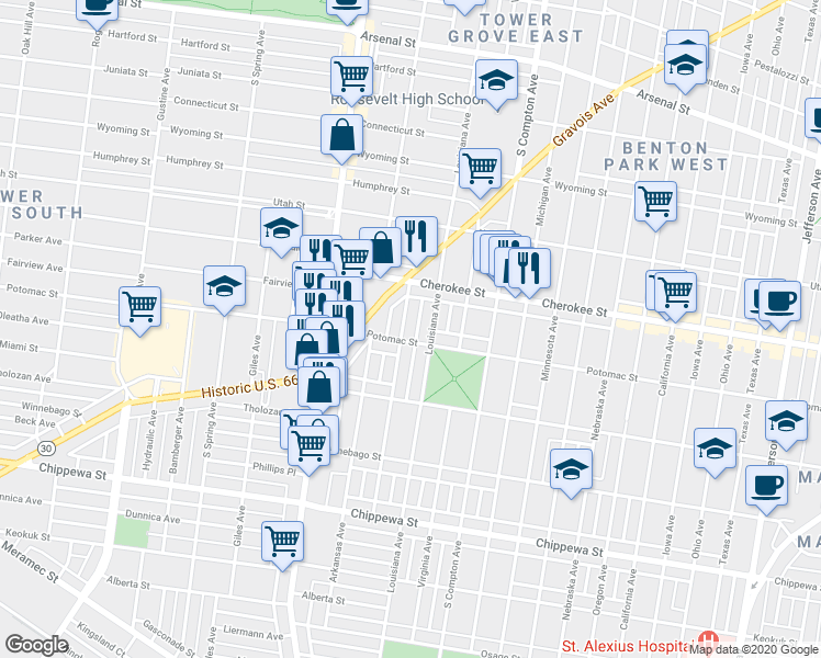 map of restaurants, bars, coffee shops, grocery stores, and more near 3455 Louisiana Avenue in St. Louis