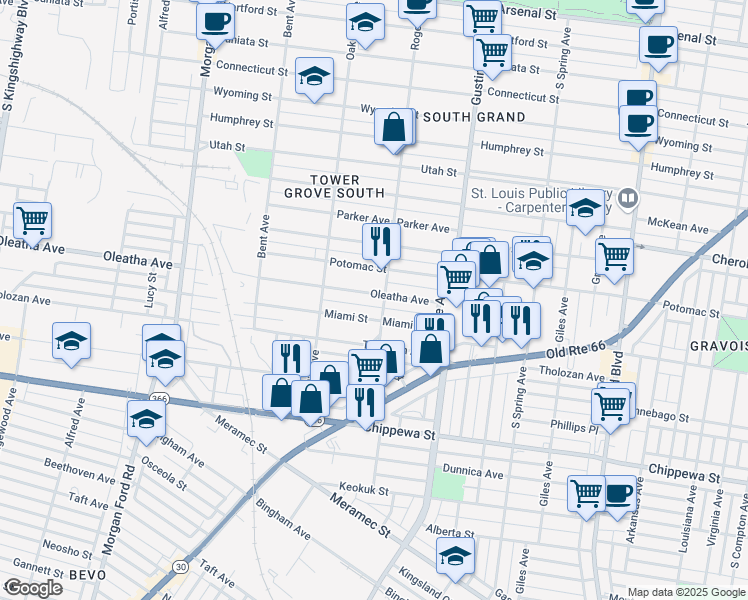 map of restaurants, bars, coffee shops, grocery stores, and more near 4023 Miami Street in St. Louis