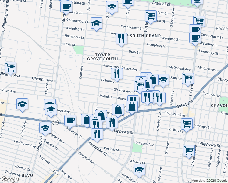 map of restaurants, bars, coffee shops, grocery stores, and more near 4023 Miami Street in St. Louis