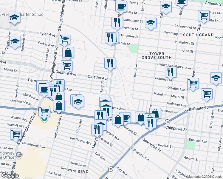 map of restaurants, bars, coffee shops, grocery stores, and more near 3536 Morgan Ford Road in St. Louis