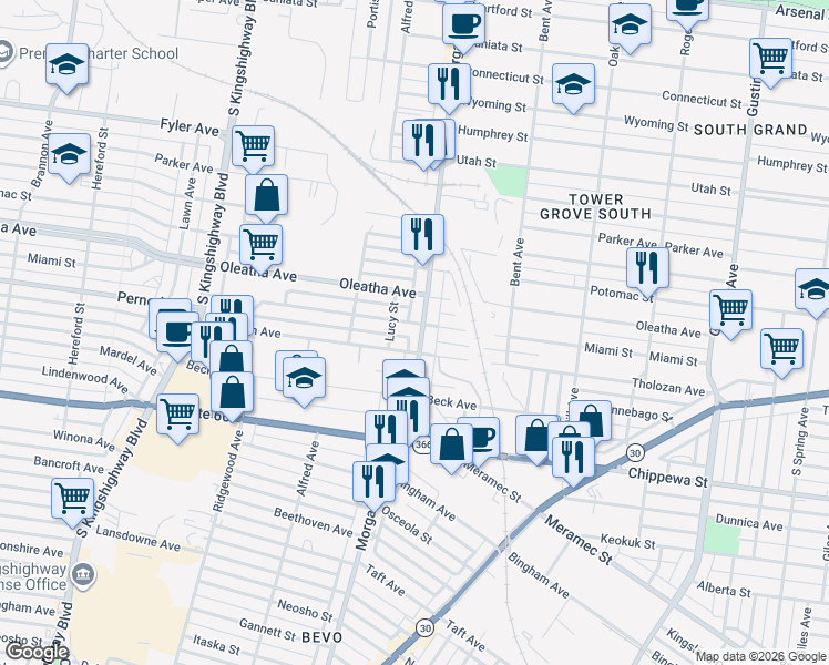 map of restaurants, bars, coffee shops, grocery stores, and more near 3536 Morgan Ford Road in St. Louis