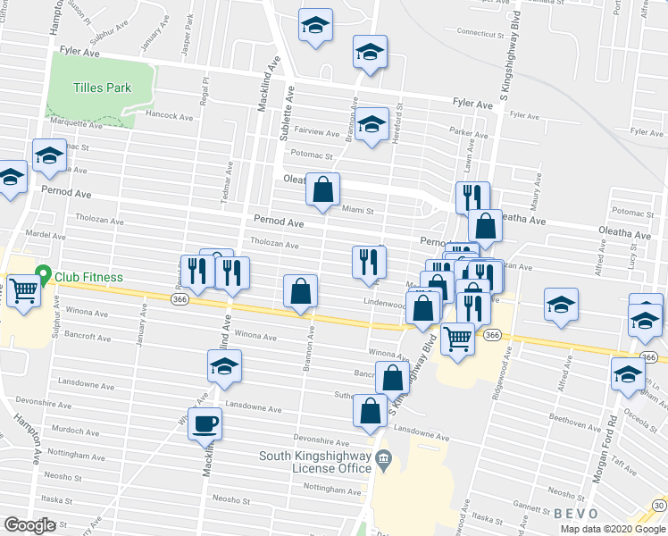 map of restaurants, bars, coffee shops, grocery stores, and more near 5200 Mardel Avenue in St. Louis