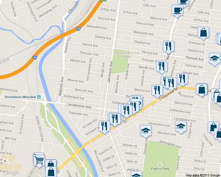 map of restaurants, bars, coffee shops, grocery stores, and more near 3958 Jamieson Avenue in St. Louis