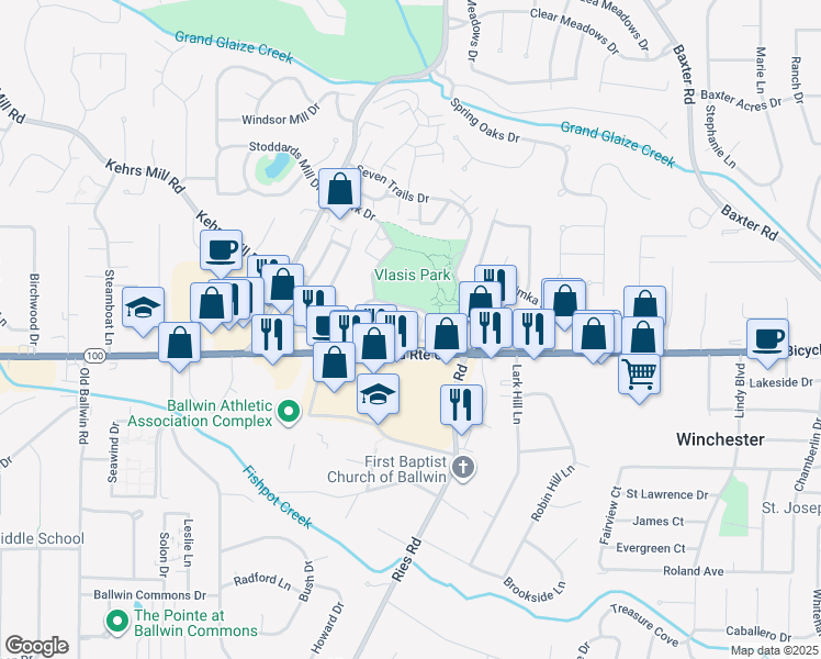 map of restaurants, bars, coffee shops, grocery stores, and more near 105 North Elm Street in Ballwin
