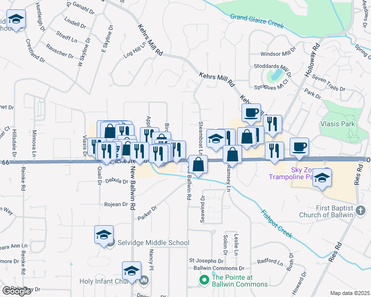 map of restaurants, bars, coffee shops, grocery stores, and more near 107 Coral Terrace in Ballwin