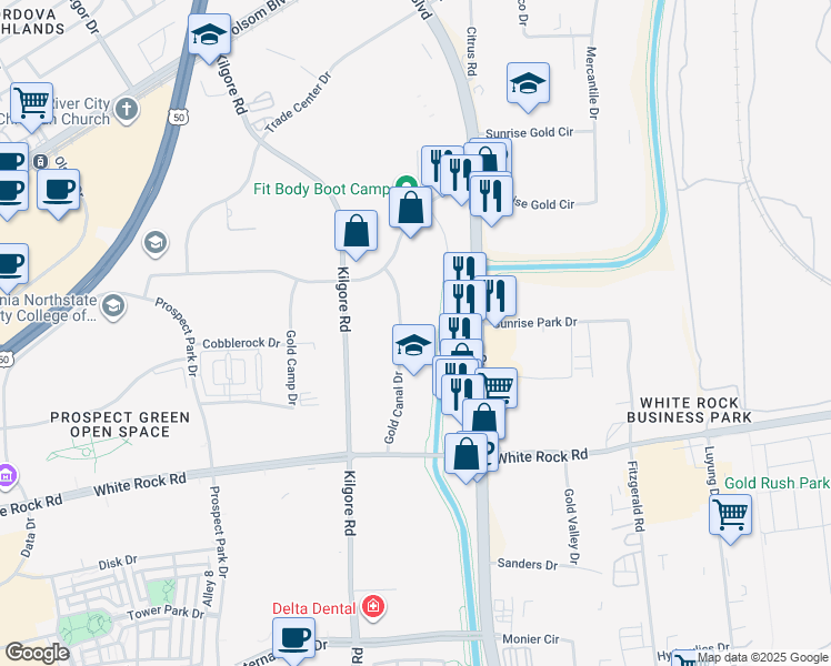 map of restaurants, bars, coffee shops, grocery stores, and more near Folsom South Canal in Rancho Cordova