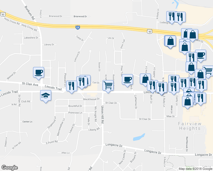 map of restaurants, bars, coffee shops, grocery stores, and more near 12 Mark Drive in Fairview Heights