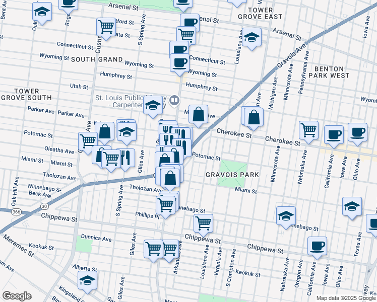 map of restaurants, bars, coffee shops, grocery stores, and more near 3498 Gravois Avenue in St. Louis