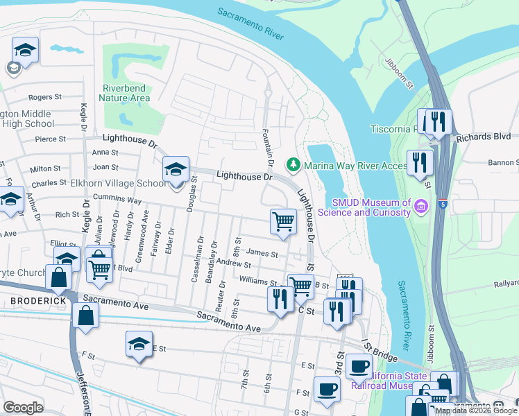 map of restaurants, bars, coffee shops, grocery stores, and more near 603 Watercolor Lane in West Sacramento