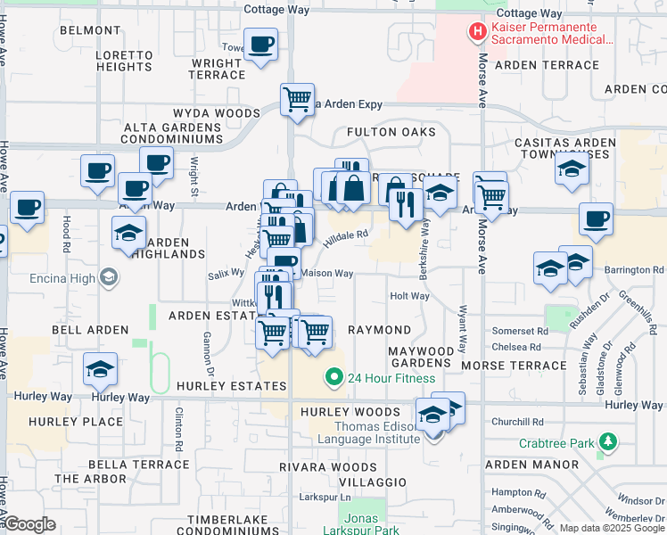 map of restaurants, bars, coffee shops, grocery stores, and more near 2715 Maison Way in Sacramento
