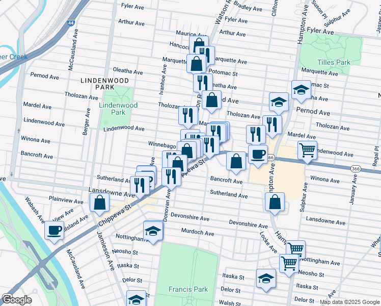 map of restaurants, bars, coffee shops, grocery stores, and more near 4204 Watson Road in St. Louis