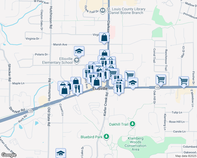 map of restaurants, bars, coffee shops, grocery stores, and more near Ellisville Towne Centr Drive in Ballwin