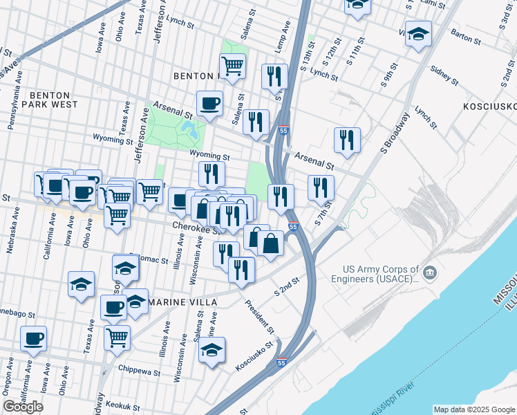 map of restaurants, bars, coffee shops, grocery stores, and more near 3319 South 18th Street in St. Louis