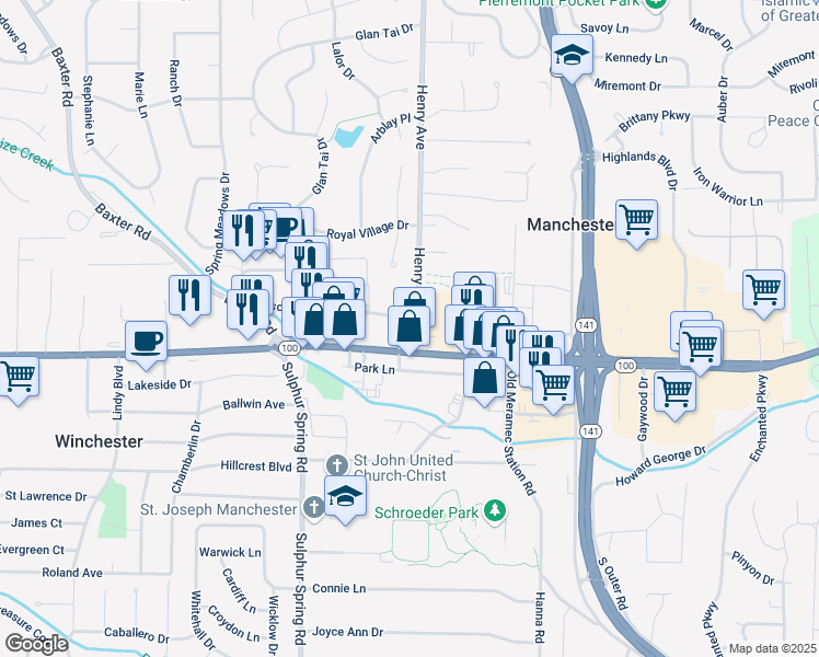 map of restaurants, bars, coffee shops, grocery stores, and more near 120 Henry Avenue in Manchester
