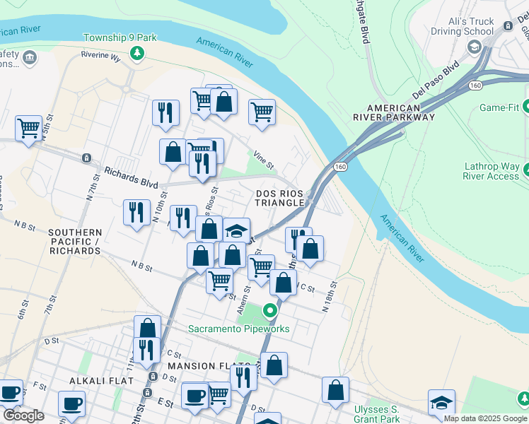 map of restaurants, bars, coffee shops, grocery stores, and more near 605 Sunbeam Ave in Sacramento