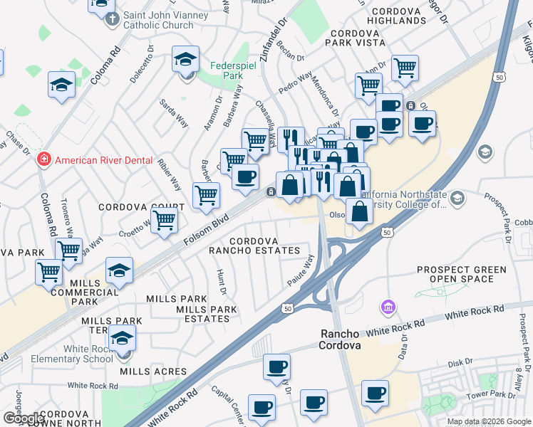map of restaurants, bars, coffee shops, grocery stores, and more near 2862 Cochise Court in Rancho Cordova