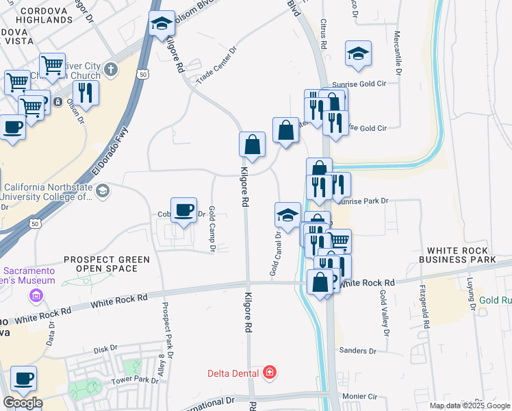 map of restaurants, bars, coffee shops, grocery stores, and more near 3017 Kilgore Road in Rancho Cordova