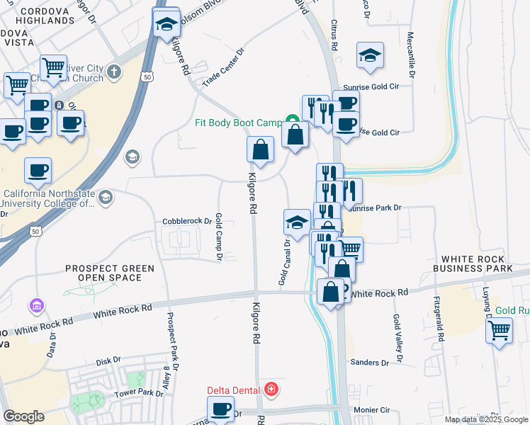 map of restaurants, bars, coffee shops, grocery stores, and more near 3017 Kilgore Rd in Rancho Cordova