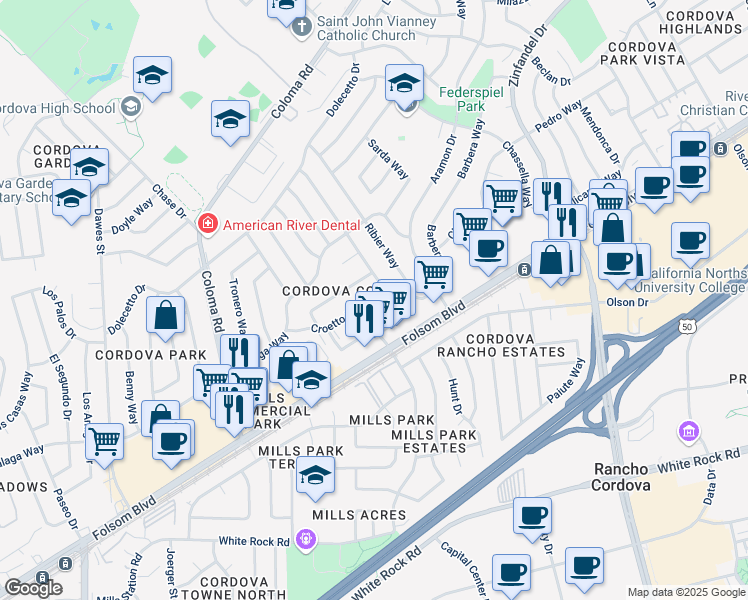 map of restaurants, bars, coffee shops, grocery stores, and more near 10500 Croetto Way in Rancho Cordova