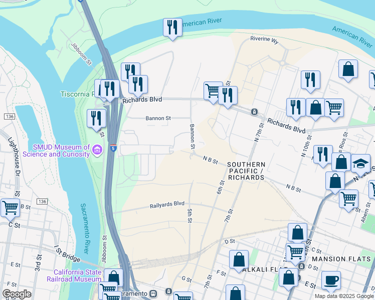 map of restaurants, bars, coffee shops, grocery stores, and more near 440 North B Street in Sacramento