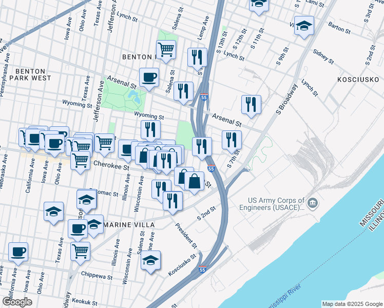map of restaurants, bars, coffee shops, grocery stores, and more near 3319 South 18th Street in St. Louis
